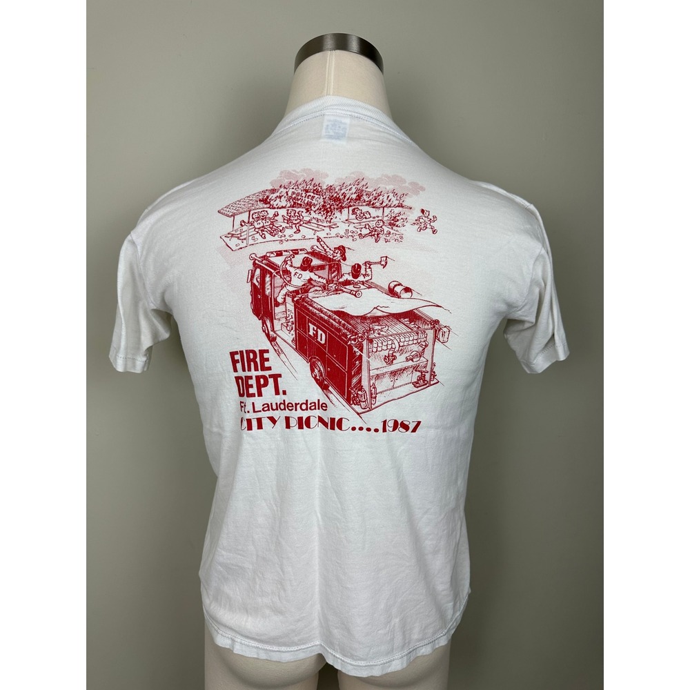 Vintage‎ 1987 Fort Lauderdale Fire Dept Picnic Shirt M White 80s Single Stitch